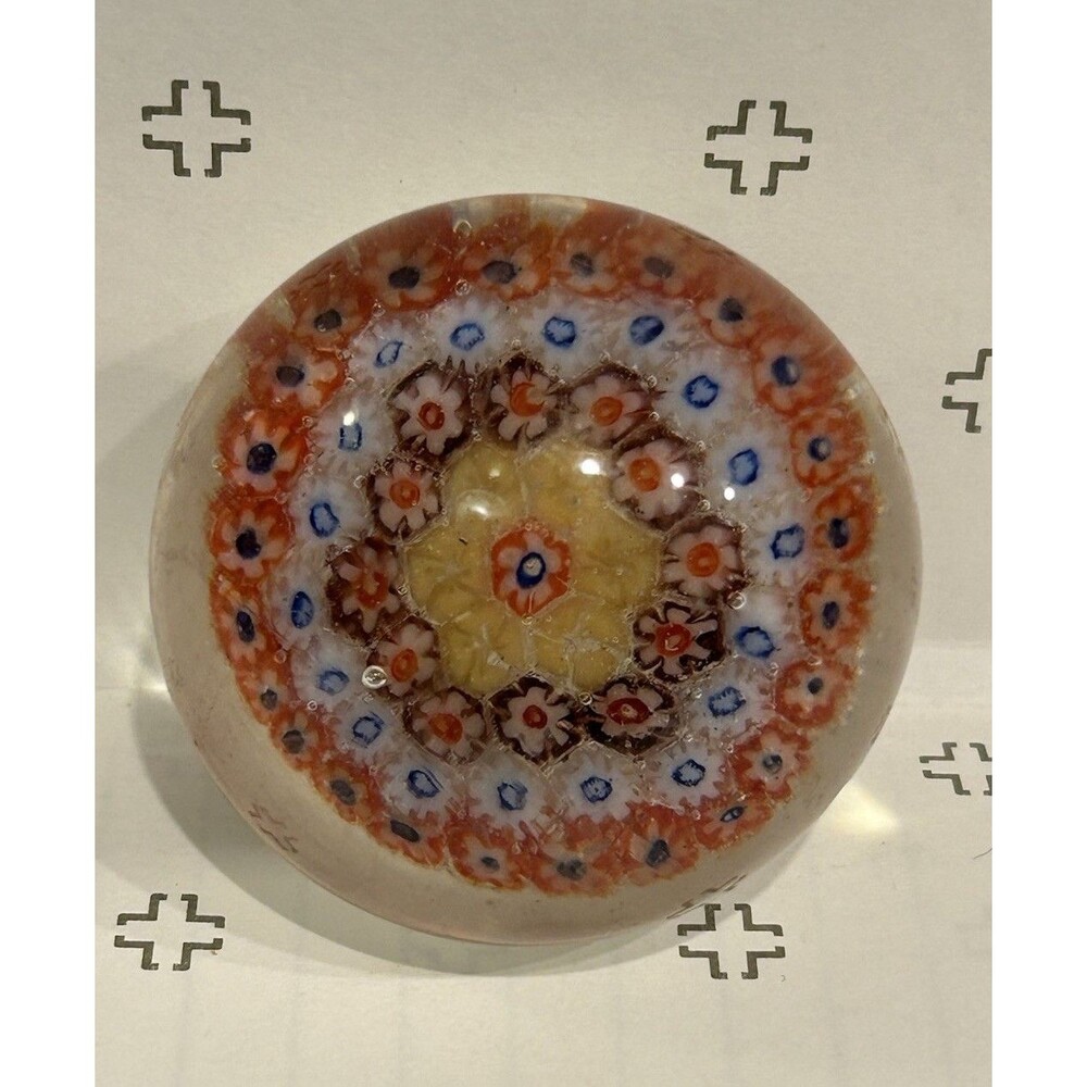 Antique Multi-color Floral Glass  Millefiori Paperweight 2” Diameter X 1.5” High